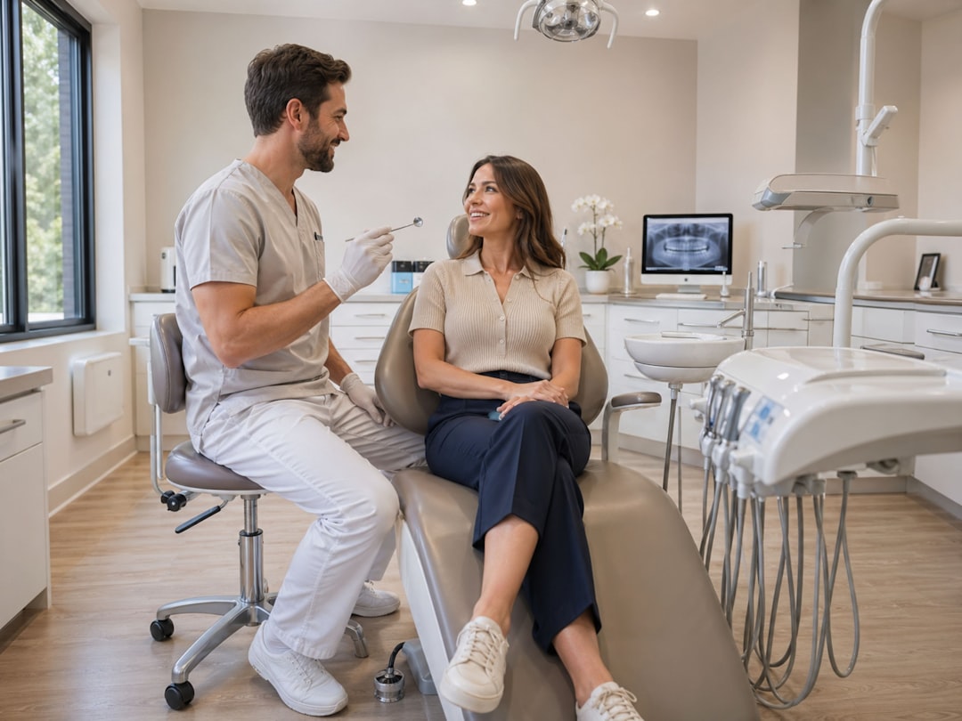 dental reviews ranking — Dentist talking to patient in a modern dental office.