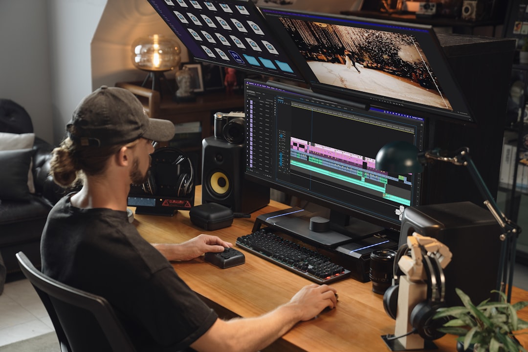 A man edits video on a computer